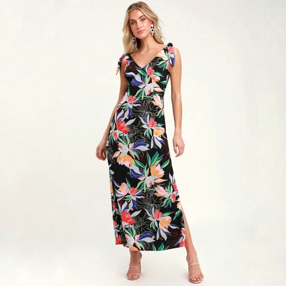 Lulus NWT Beloved Becky Black Floral Maxi Dress with Slits and Bow Straps